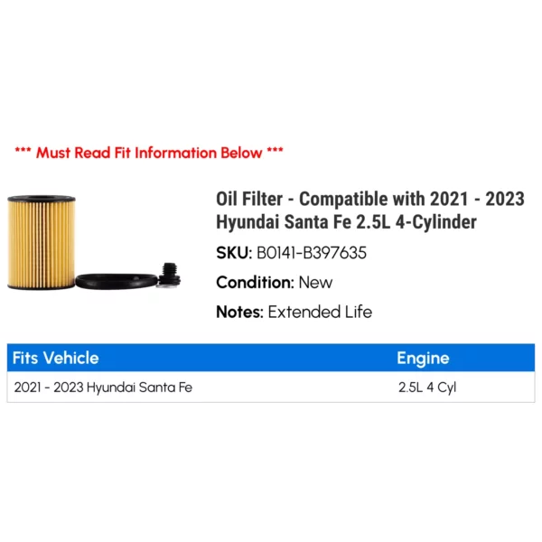 Oil Filter - Compatible with 2021 - 2023 Hyundai Santa Fe 2.5L 4-Cylinder 2022 — изображение 2